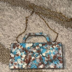 ASOS Blue and Brown Patterned Clutch with Gold Chain